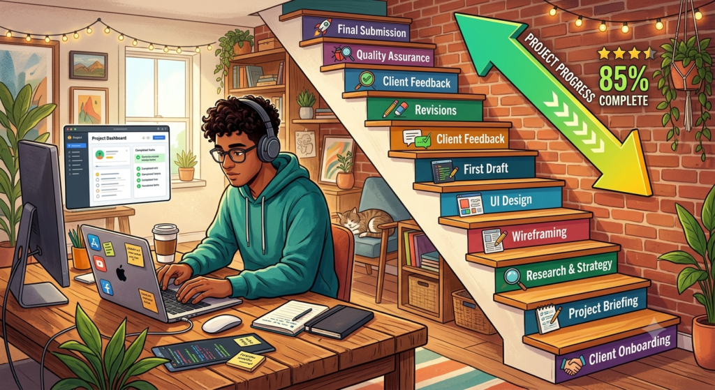 Freelancer completing small tasks that make up a huge project