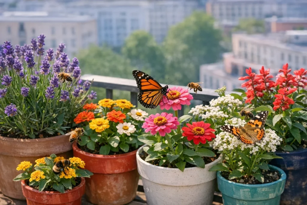 balcony garden with nectar-rich flowers, and a butterfly and a bee sitting on a flower