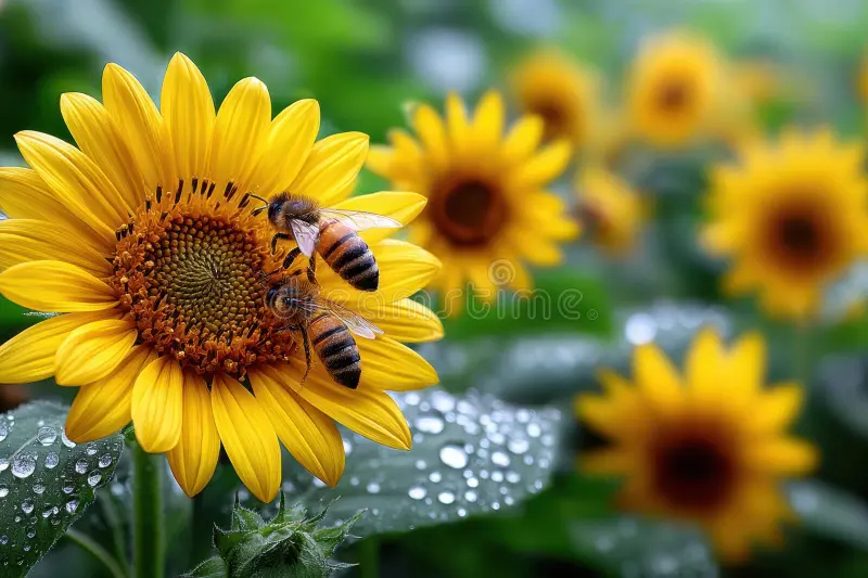 Two bees are sitting on a sunflower with other sunflowers in the background